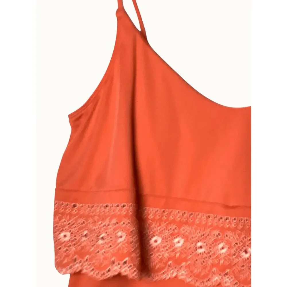 Women’s Tankini Swim Top Coral Pink Eyelet Lace Ruffle Padded Strappy 14”